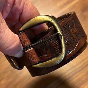 Tooled Brown Leather Belt with Brass Buckle Horse Motif